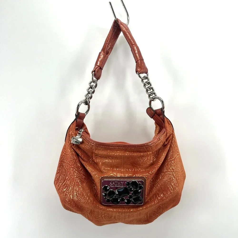 Kathy Van Zeeland Y2K Crown Print Hobo Bag Chain Link MCBling Logo Faux Suede
